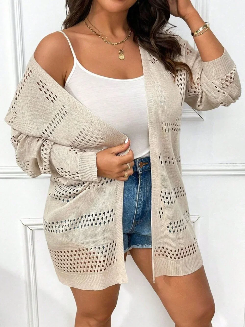 Apricot Casual Women's Loose Drop Sleeve Pointelle Knit Duster Cardigan